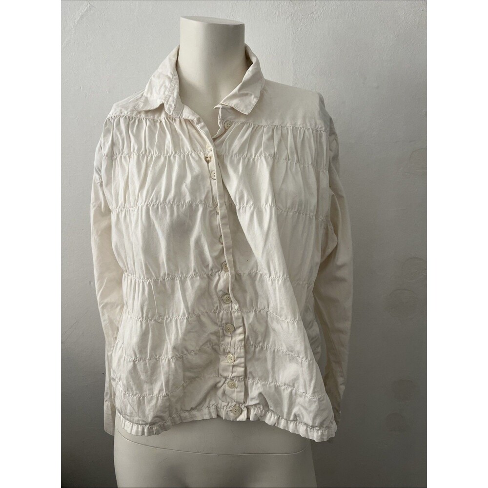 Guess White Top Blouse Sz L Button Prairie Romantic Victorian Edwardian w/flaw